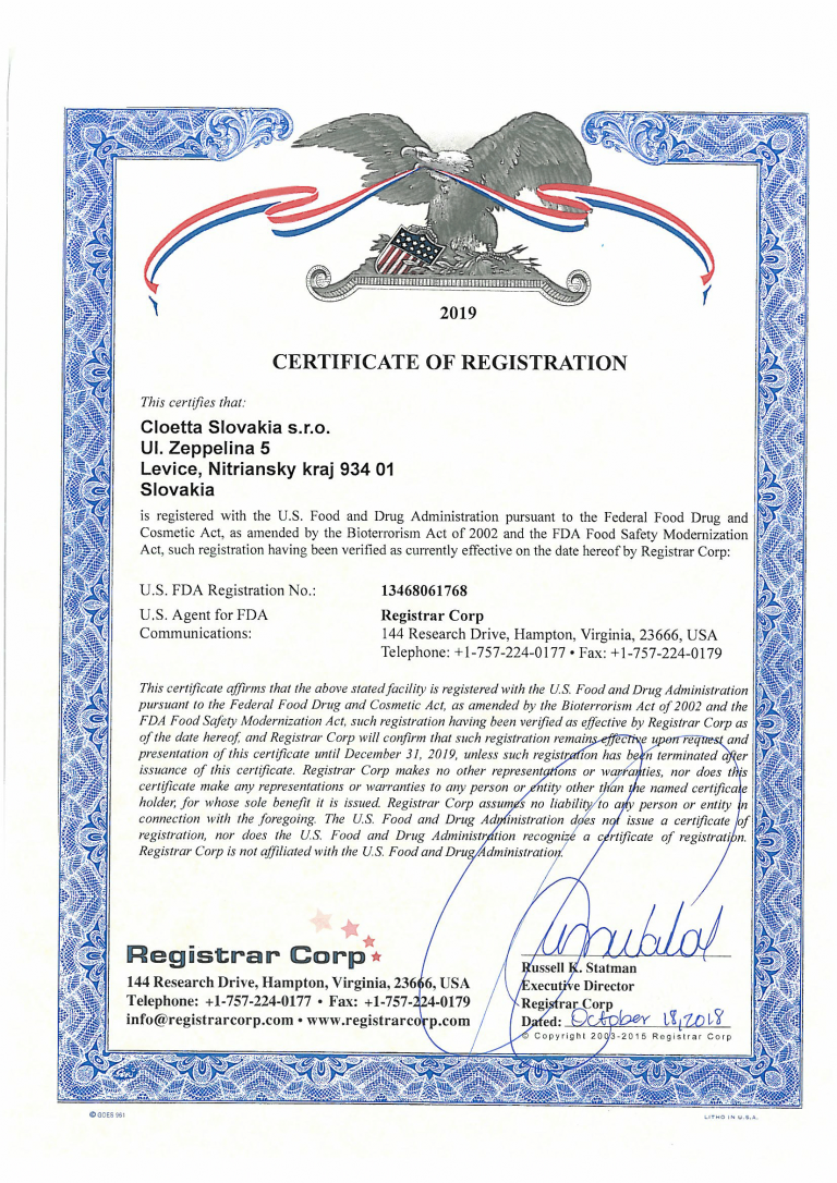 FDA Certificate of registration 2019-1